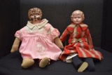 Pair of Old Soft + Leather Body Dolls w/Metal Heads - Both Marked Germany