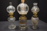 3 Mini Oil Lamps: All Clear w/Shades, 1 Hobnail Pattern, 1 Flower Pattern,