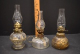 3 Mini Oil Lamps: 1 Clear Twist Base Finger Lamp, 1 Goofus-Type Gold Color,