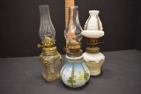 3 Mini Oil Lamps: 1 Milk Glass Painted w/Gold Trim (Damage to Shade), 1 Goo
