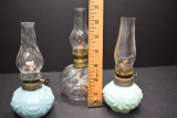3 Mini Oil Lamps: 2 of Pastel Blue & Green & 1 Clear Twist all w/Chimney