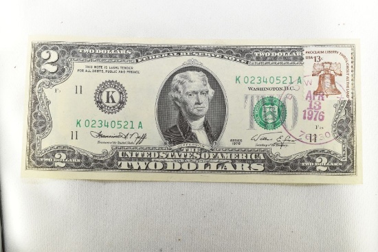 1976 Two Dollar Federal Reserve Note, Green Seal - Simon UNC, P.O. Stamped