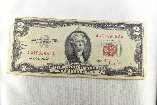 1953 Two Dollar U.S. Note, Red Seal - Humphrey, Upper Let Corner Torn