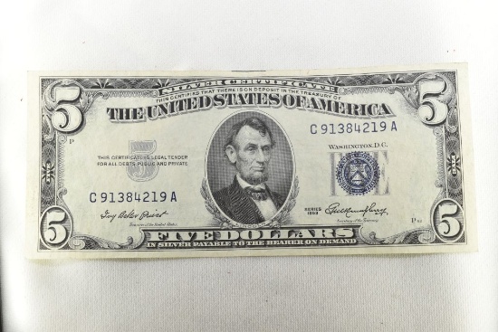 1953 Five Dollar Blue Seal Silver Certificate - Humphrey UNC