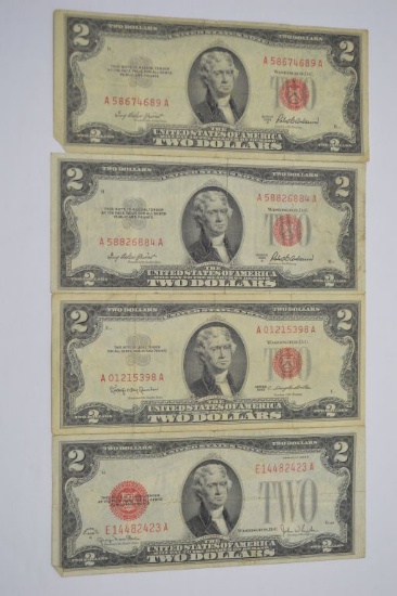 4- Two Dollar Red Seal U.S. Notes, 1928-1953