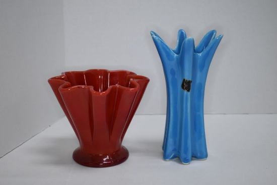 Blue 7 inch Camark Flared 7 inch Vase w/Paper Label and Orange 5 inch Unmar