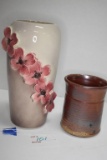 Unmarked 8 1/2 in. Vase w/Dogwood Flowers and Small Crock Vase