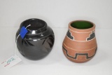 Pair of Native American Bowls/Vase - Black in 4 in. Etched Leaf - Design 