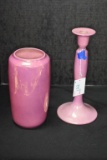 Unmarked Pink Luster Vase and 10 in. Candle Stick