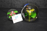 Pair of Hand Blown Paper Weights - 1 by Enesco w/Flower and 1 w/Red Flowers