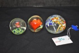 3 Hand Blown Paper Weights - 1 Blue & Red Dots,  1 Red Flower Fan China, 1