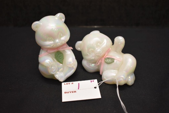 Pair of White Luster Fenton Bear Figurine -  1 Has Broken Ear