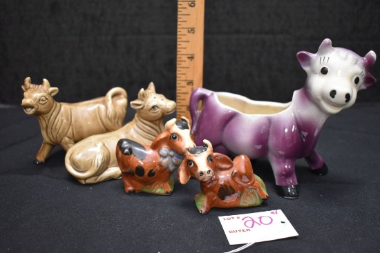 Group of Cow S&P and Purple Cow Planter w/Some Crack