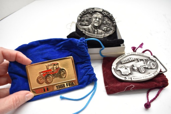 Group of 3 Belt Buckles: Case IH 7140 Tractor 1988 FFA S/N:145 w/ felt Bag,
