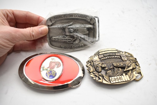 Group of 3 Belt Buckles: Case IH Eagle holding John Deere Logo with Talons,
