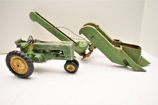 John Deere Narrow Front Tractor Missing Some Paint and 2 Row picker w/ some