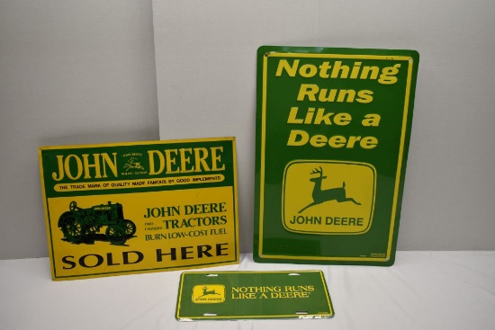 Group of 2 John Deere Metal Signs and License Plate