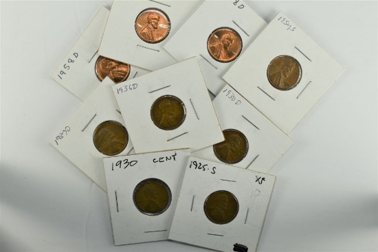 Group of 9 Wheat Pennies: 3 - 1958-D, 1954-S, 1937, 1936-D, 1930 and 1925-S