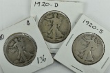 1920, 1920-D & 1920-S Walking Liberty Half Dollar (3) Total Coins