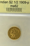 1909-P Indian Head $2.50 Gold Coin - MS 62, Graded by USCG