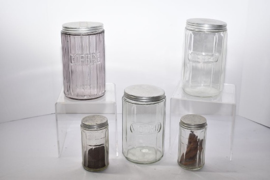 Group of 2glass coffee Jars W/ Tin Lids, 1 Glass Jar W/ Victoria on front, 2 Glass Spice jars with T