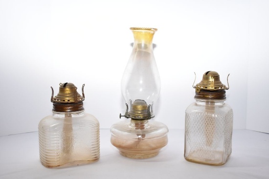 Group of 3 oil lamps. 2 with Glass Coffee Jar Bottoms+ 1 Bracket Lamp