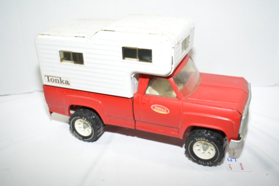 Tonka - Pickup Camper, #11060 - Red Toy Truck w/ White Camper - good shape
