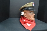 Mannequin head (damaged) w/Mobil Gas Pegasus cap, scarf, and round glasses