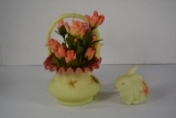 Fenton Burmese 7-1/2 in. Ruffled Basket and 1 Miniature Rabbit, hand painted, C Smith