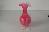 Glass Pumpkin Rib Vase with fan ruffled top, hand blown, 6-1/2 in. tall