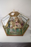 octagon Glass Dome Table Display of Victorian Era City Park Carousel, miniature dolls, hand made