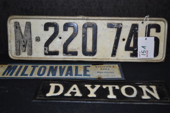 3 Metal Plates "Dayton" "Ford Miltonvalve" License Plate