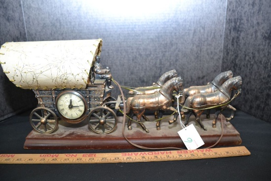 1970s Copper Colored Metal Lamp, 4 Horse + Covered Wagon Clock w/ Wood Base 19 inches log