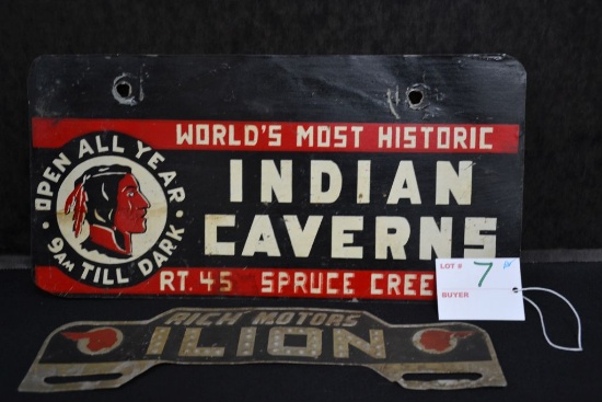 Indian Cavens Advertising Metal Sign 12x6 + Rich Motors Ilinois License Plate Topper