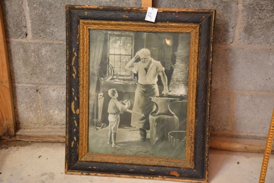 Vintage Framed Picture of Blacksmith and Boy 23 x 27"