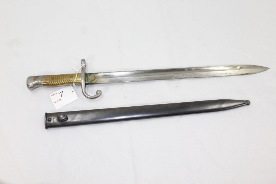 Bayonet, for Argentine model 1891, Brass Grips, w/metal scabbard, labeled Wyersberg Kirschbaum & Co