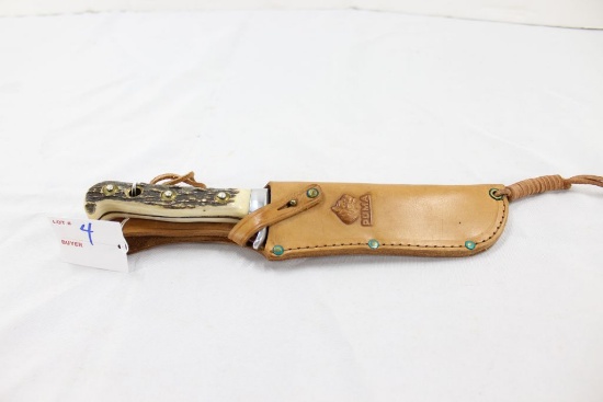 Puma Vintage White Hunter knife in Puma brown leather sheath. Made Germany, Stag grips, mfg 1967, un