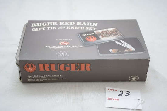 Ruger Red Barn Gift Tin and Knife set by Case XX, with William B Ruger and Alexander Sturm signature