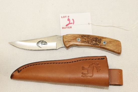 Buck Knife, Limited Edition, Laser Cut Blade w/ "Elk", wood handle engraved "Elk", w/Leather Sheath