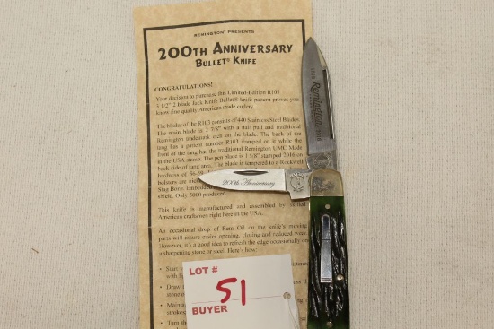 Remington Bullet Knife, 1816-2016, "200th Anniversary", 2016, R103 ANIB