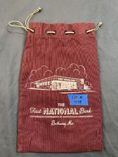 The First National Bank of Bethany, MO Canvas Drawstring Cord Tie Bank Bag