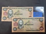 Two 1987 Series Bank of Jamaica Two Dollar Notes - CU