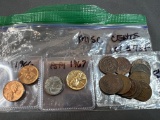 Ten Damaged Lincoln Wheat Cents, One 1929 Lincoln Wheat Cent Plated, One 1967 Lincoln Memorial Cent