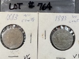 1883 no cents Liberty V Nickel - Two Coins - VG/VF