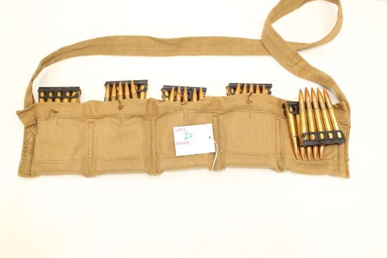 .303 British ammunition, 50 rounds in 5-round stripper clips in canvas bandoleer