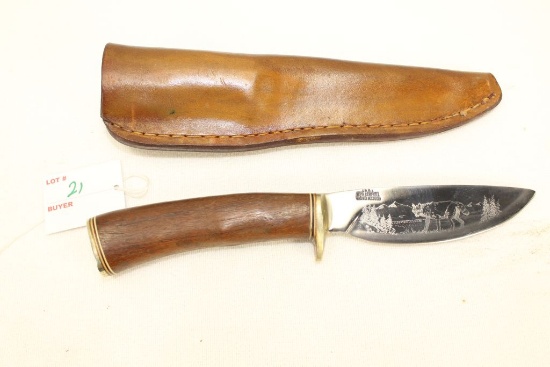 Irvin Campbell, IRBI Stainless Steel Knife, stamped "Jadwin, Missouri" w/sheath, wolf wildlife scene