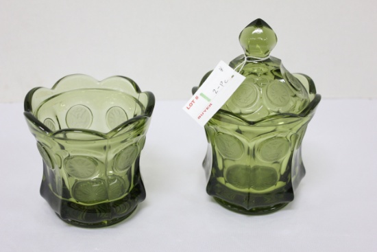 2-Piece Green Fostoria Coin Glass Lidded Canister + Bottom Only Canister Dish