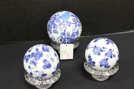 3 Flo Blue Porcelain Decorative Balls w/ 3 Glass Bases