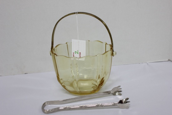 Vintage Yellow Glass Handled Ice Bucket w/ Tongs