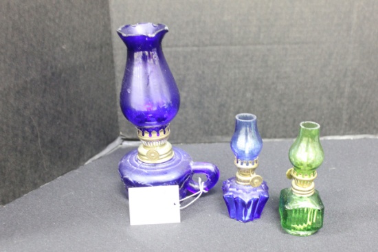 Pair of 4 1/2 Inche Blue and Green Oil Lamps + 8 Inch Blue Finger Oil Lamp